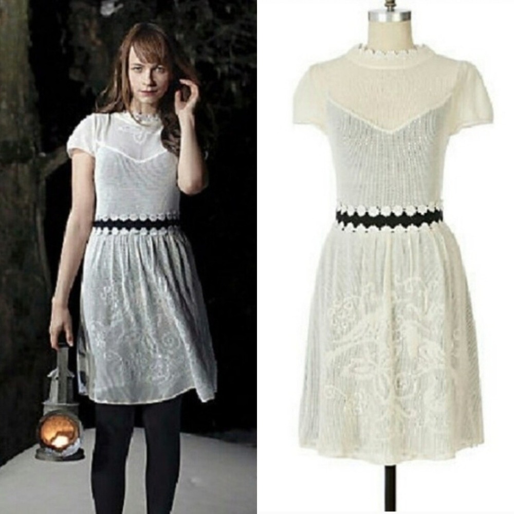 Anthropologie Lia Molly Lantern‎ Light Birds Ivory Knit Lace Dress Black Crochet